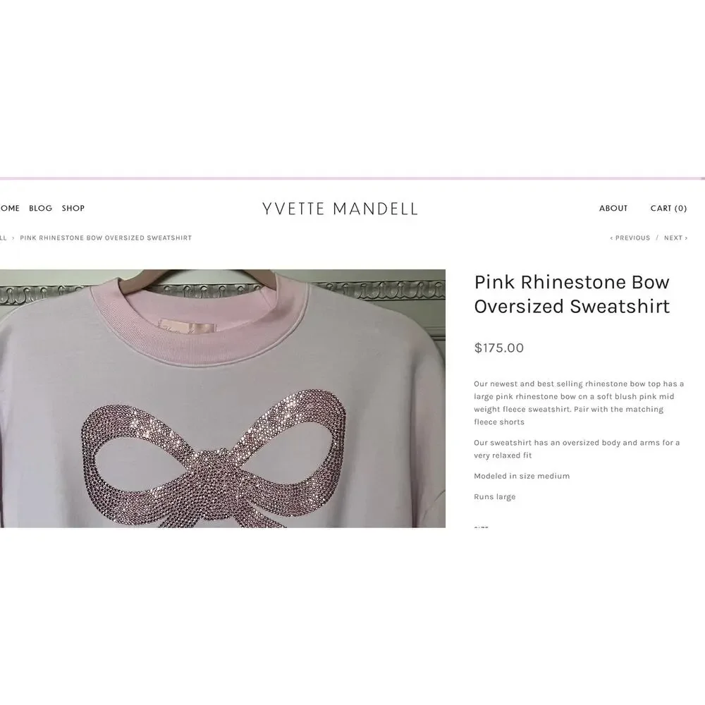 Yvette Mandell LoveShackFancy Pink Rhinestone Bow Oversized‎ Sweatshirt Medium